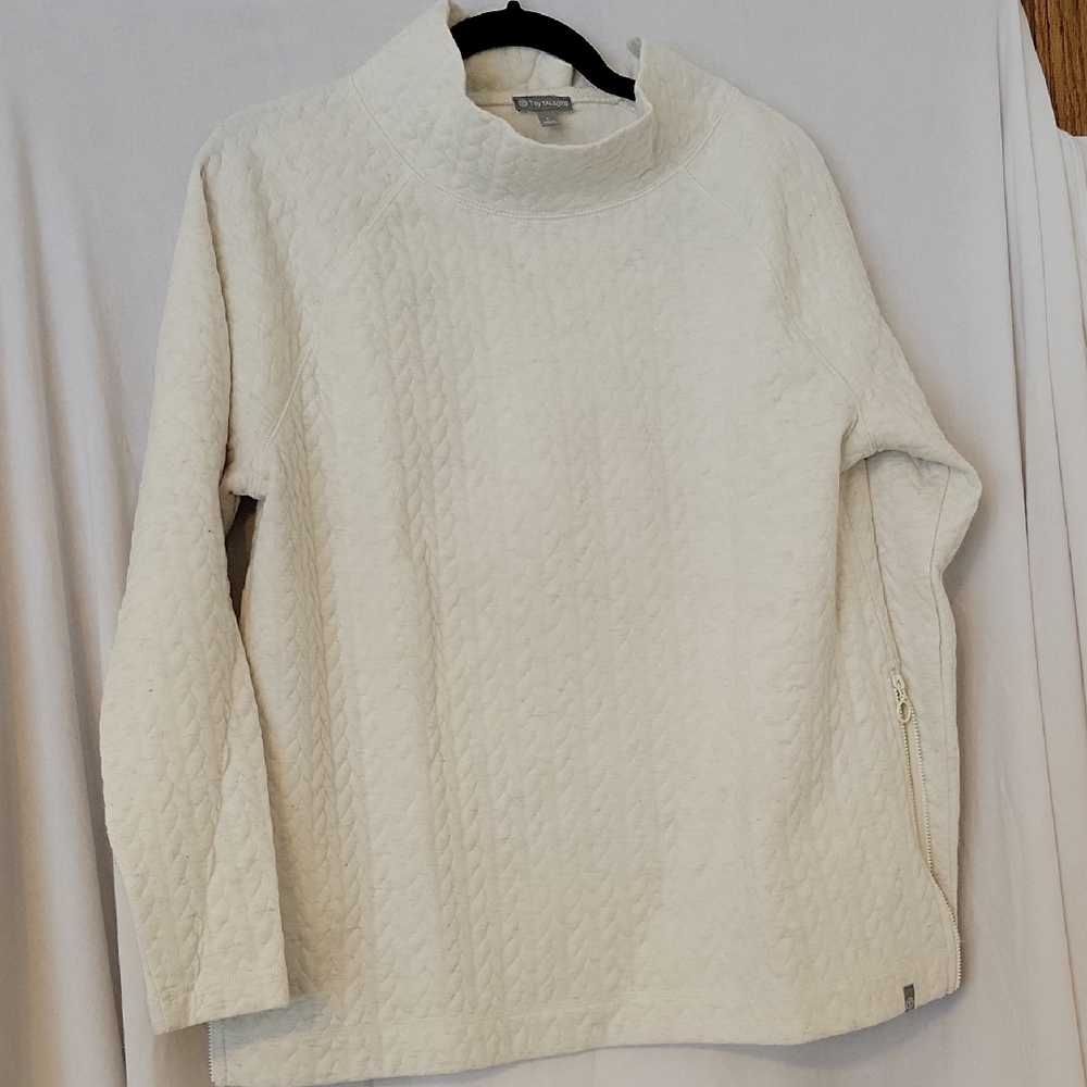 T By Talbots Ivory Metallic Cable Patterned Knit High Neck Pullover